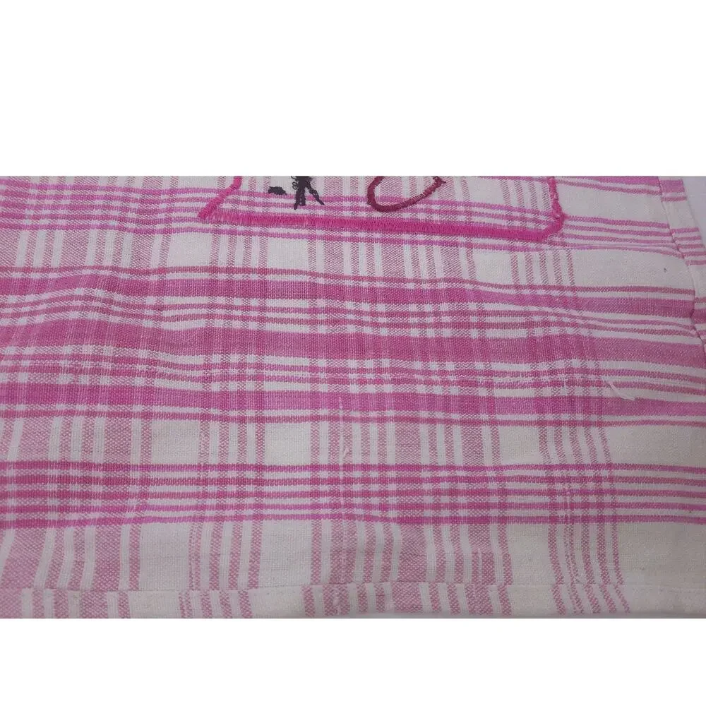 Vintage Pink Plaid Gingham Cat Reversible Tea Hand Towel Cottagecore Applique